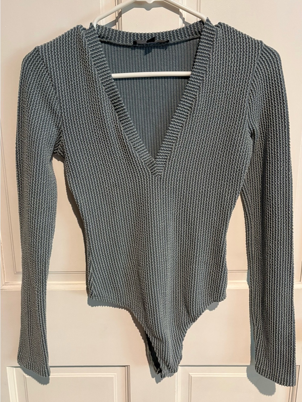 Lulu's Slate Ribbed V-Neck Long Sleeve Bodysuit